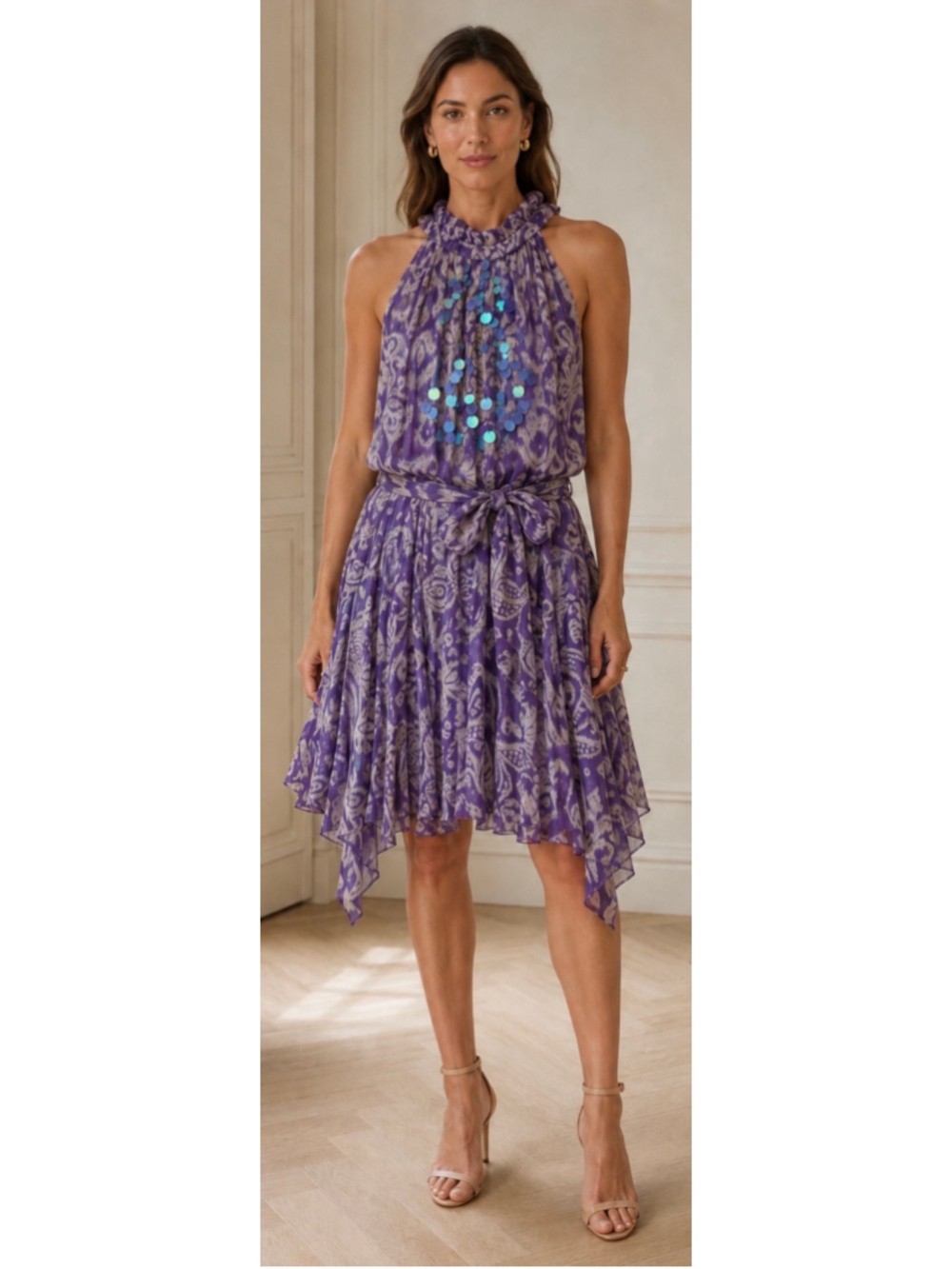 Poupette St Barth Mini Dress Size L 100% Silk Purple Beige Sequin Detail